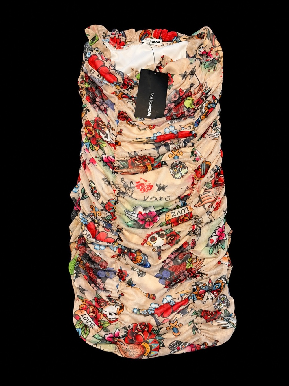 Fashion Nova Inked Up Ruched Tattoo Print Mini Dress M NWT